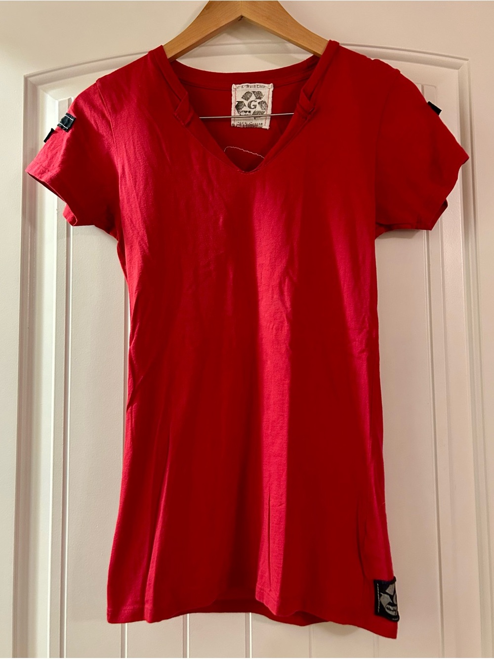 Bright Red Women's V-Neck Tee.  Size Large, Fits Like Small. 100% Cotton.